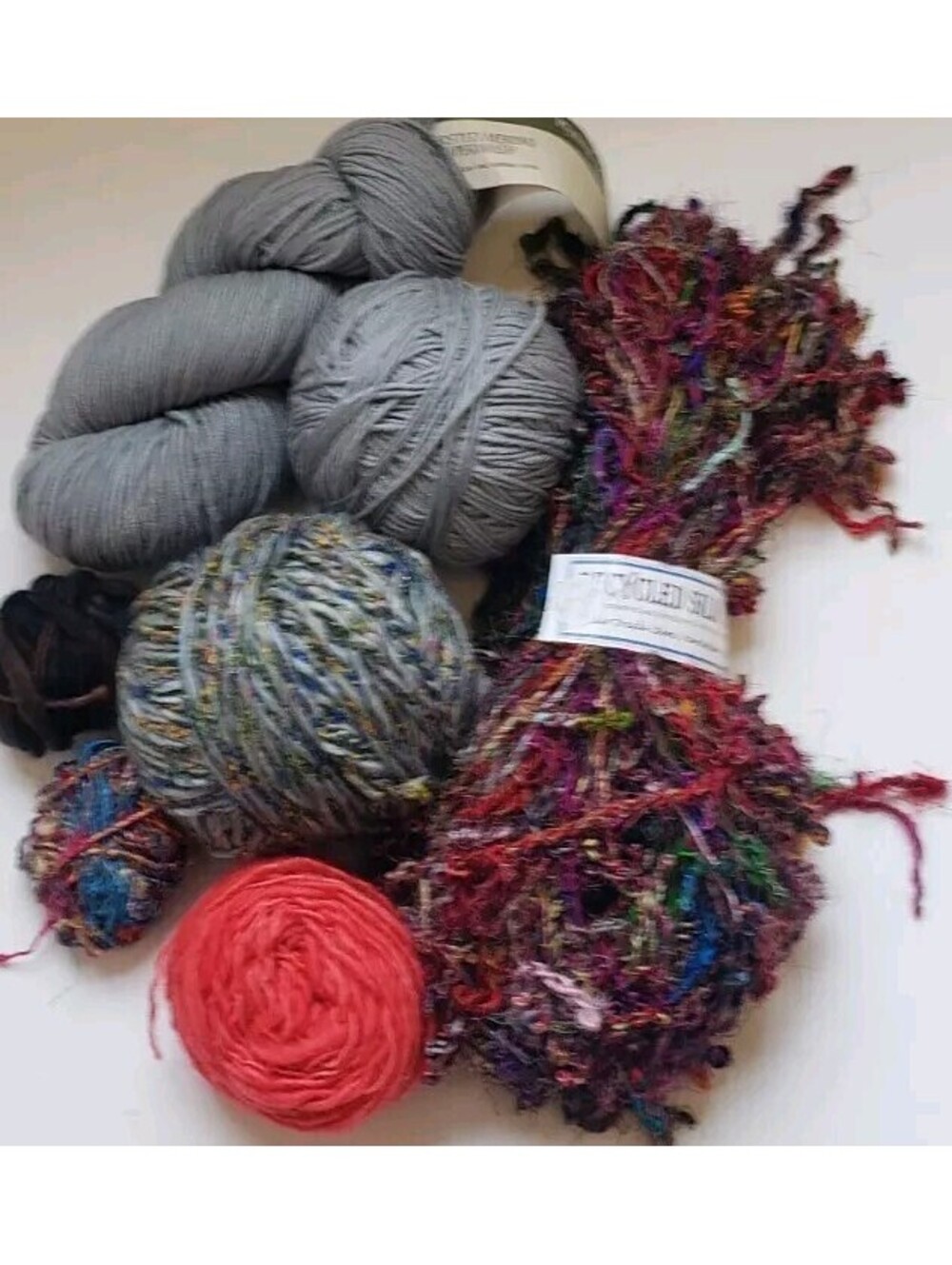 Lot Wool Yarn Worsted Merino Napal Recycled Silk Gray Reds Multicolor Plymouth